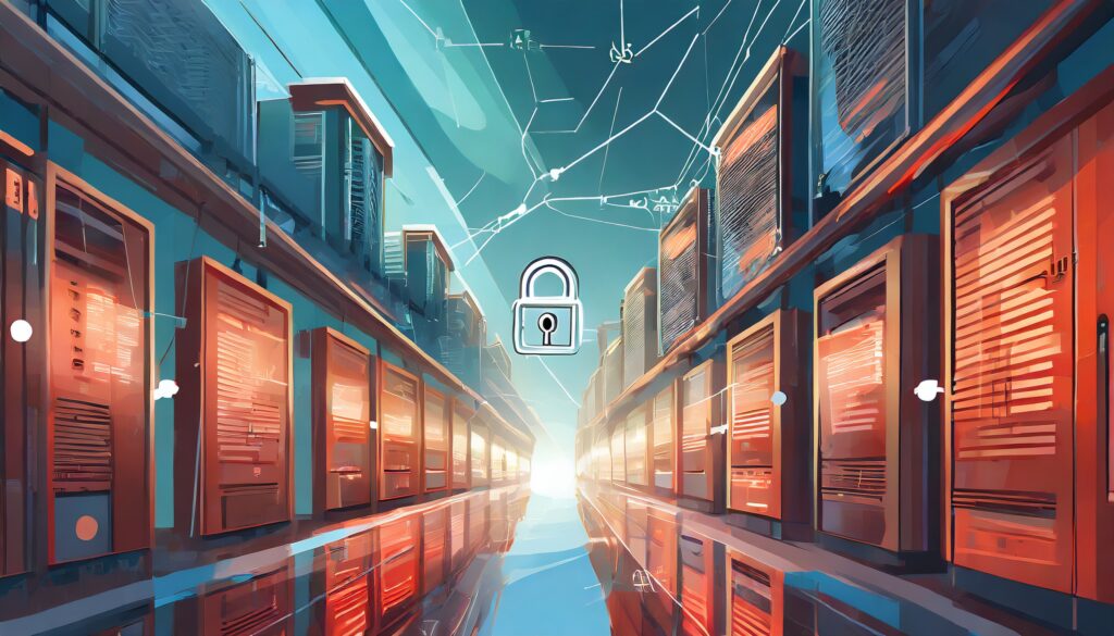 Immagine digitale di un data center futuristico, con server luminosi e un lucchetto al centro, simboleggiando la sicurezza dei dati e la protezione delle informazioni.