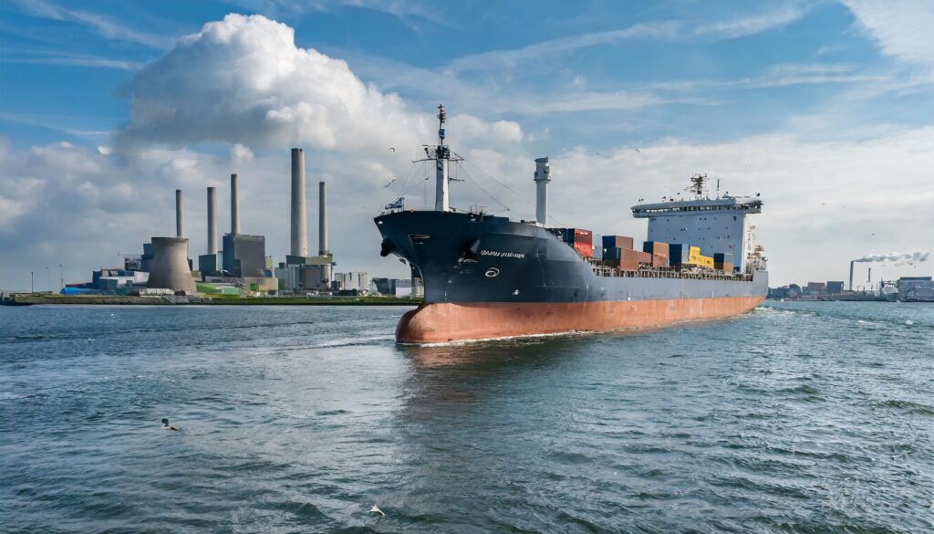 Nave cargo in navigazione con container colorati, sullo sfondo si vedono impianti industriali e fumaioli, sotto un cielo parzialmente nuvoloso.