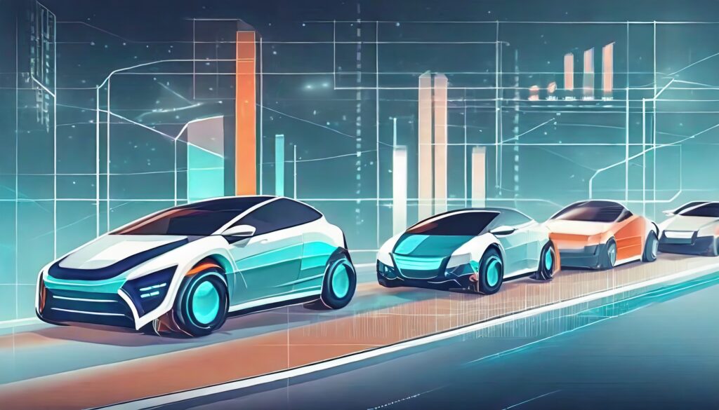 Illustrazione digitale di auto futuristiche in fila, con grafici e dati tecnologici sullo sfondo, che rappresentano l'innovazione nel settore automobilistico.