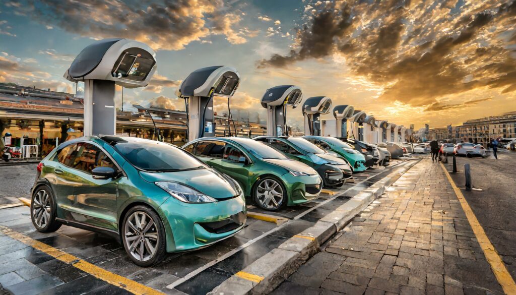 Ricarica di auto elettriche in una stazione di ricarica moderna al tramonto, con veicoli di diverse marche in fila e colonnine di ricarica installate.
