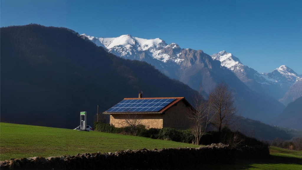 Casa con pannelli solari sul tetto, situata in un paesaggio montano con cime innevate, circondata da un prato verde e alberi, evidenziando l'uso di energie rinnovabili in un contesto naturale.