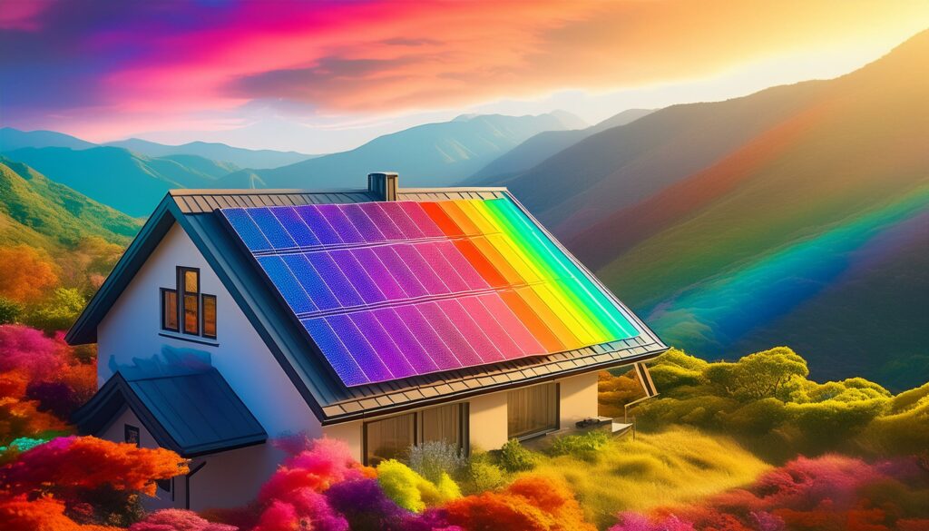 Firefly pannello solare su una casa moderna colorato come larcobaleno sullo sfondo un bel paesagg