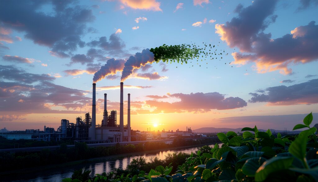 Immagine di una centrale industriale con fumi che si trasformano in foglie verdi, simboleggiando la transizione verso energie sostenibili. Sullo sfondo, un tramonto colorato e un fiume che riflette la scena.