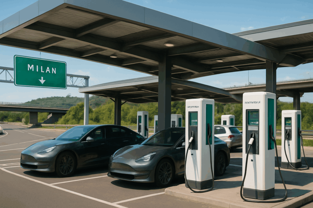 Stazione di ricarica per veicoli elettrici con auto parcheggiate, segnale stradale verso Milano e area verde sullo sfondo.